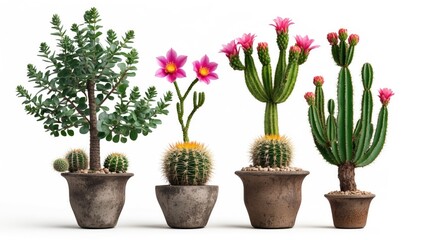 Variety of indoor potted plants including cacti and succulents with flowers arranged in textured clay pots on white background