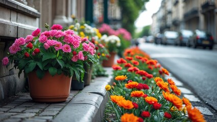 Fototapeta premium Flower pots with pink and orange blooms arranged along a city street with parked cars and green trees in the background