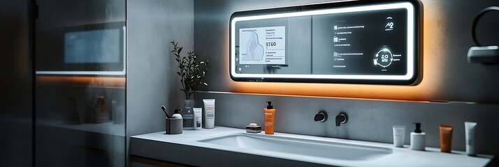 High-tech bathroom featuring an interactive smart mirror displaying health stats and AI-powered skincare recommendations