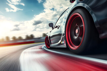 Black Sports Car with Red Rims Speeding Around Race Track Corner Under Dramatic Sky
