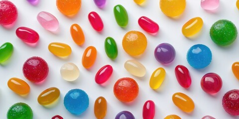 Colorful assortment of jelly candies on white background arranged in various shapes and sizes.