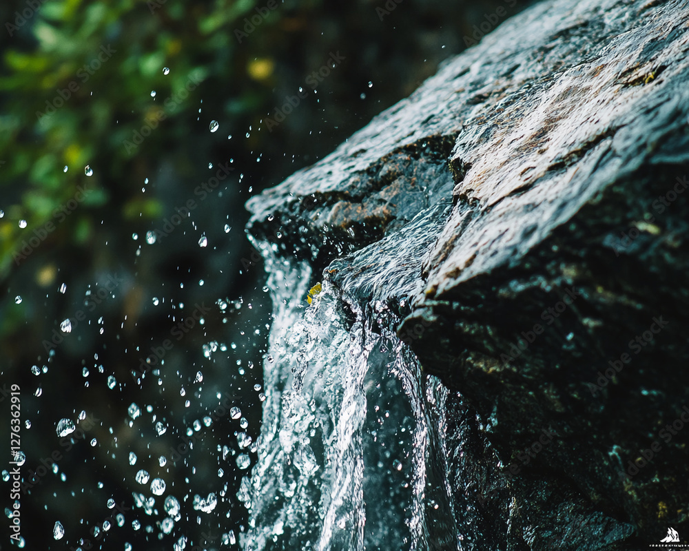 Aufkleber Close-up view of water cascading down rocks with droplets splashing off, showcasing the dynamic motion of water in a natural setting, symbolizing purity and nature's force.