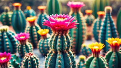 Colorful blooming cacti with vibrant flowers in a desert landscape during daylight showcasing various species and textures