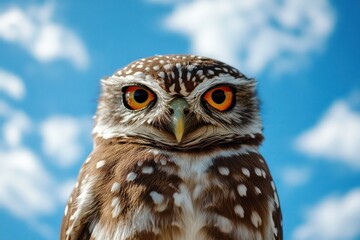 Obraz premium Close-up of owl against sky. Possible for nature education, wildlife, or animal themed content