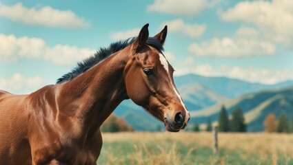 Obraz premium Brown horse standing in a green field with mountains and blue sky in the background under natural sunlight