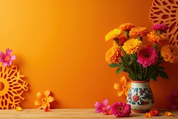 Day of the dead Dia De Los Muertos Celebration Background With marigolds or cempasuchil flowers in vase and papel picado decor. Bright orange and yellow copy space Traditional Mexican culture festival © ThomasLENNE