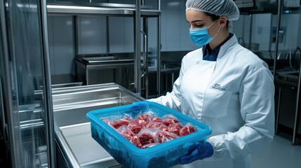 Female worker in a lab coat and mask handling fresh meat in a sterile kitchen environment