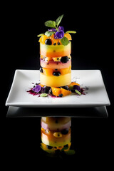 Stunning cylindrical dessert crafted from exotic fruits, featuring vibrant layers of papaya orange, passion fruit and acai purple. Presented on a sleek white plate against a dramatic black background