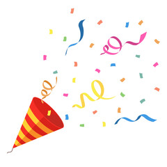 Red party popper and explosion colorful confetti with ribbon isolated white background. Vector illustration for birthday, party, festival fair, celebration, and congratulation.