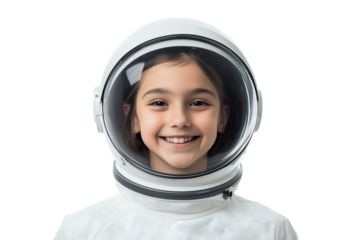 girl in astronaut helmet smiling isolated on transparent white background