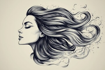 Elegant woman with flowing hair, showcasing beauty and grace in black and white artistic style with intricate details and soft textures