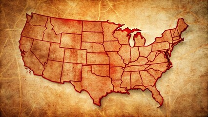 USA Map Outline, Red Border, Documentary Photography Style
