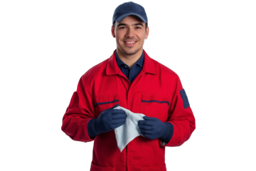 mechanic in coveralls wiping hands on rag isolated on transparent white background