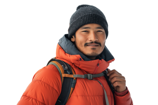 Nepali hiker in down jacket adjusting backpack strap isolated on transparent white background