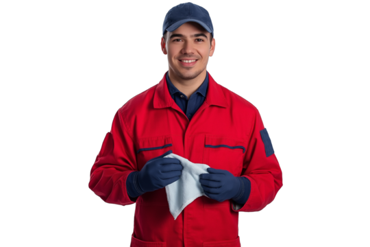 mechanic in coveralls wiping hands on rag isolated on transparent white background - Powered by Adobe