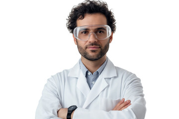  scientist in lab coat and safety goggles isolated on transparent white background