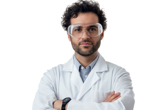  scientist in lab coat and safety goggles isolated on transparent white background
