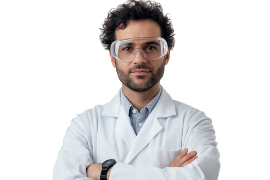  scientist in lab coat and safety goggles isolated on transparent white background