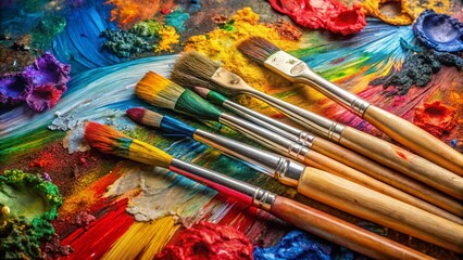 Obraz premium Vibrant Acrylic Paint Palette with Brushes - Close-up Panoramic Stock Photo