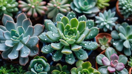 Variety of succulents with water droplets on leaves arranged in small pots, displaying diverse shapes and colors, indoor plant selection.