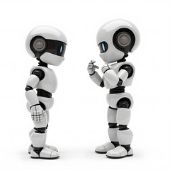 White Humanoid Robot Interacting with a Childlike Figure on a White Background – AI and Human Connection Concept