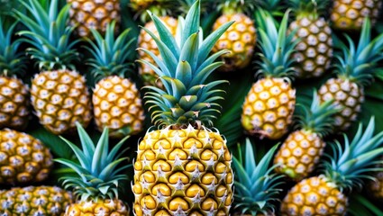 Fototapeta premium Pineapples arranged in a group with one prominent pineapple in front, showcasing bright yellow skin and green leaves