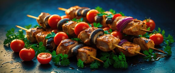 Naklejka premium Grilled chicken skewers with cherry tomatoes and vegetables on a dark background garnished with fresh herbs