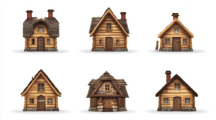 A set of icons. Wooden houses. Housing in the game town. Isolated on a white background