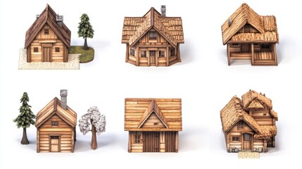 A set of icons. Wooden houses. Housing in the game town. Isolated on a white background