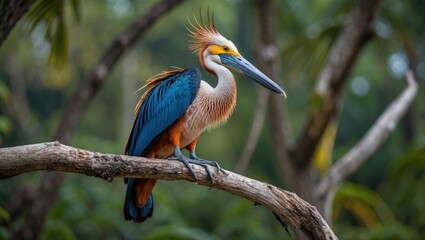 Fototapeta premium Colorful heron perched on a tree branch in a lush green environment with blurred background and detailed plumage texture.