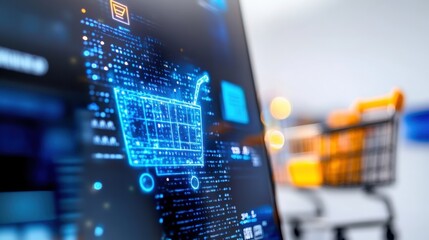 E-commerce innovation digital shopping cart technology online retail graphics futuristic environment close-up view shopping experience