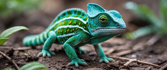 Fototapeta premium Green chameleon on ground surrounded by plants with vibrant scales and detailed texture in natural habitat setting