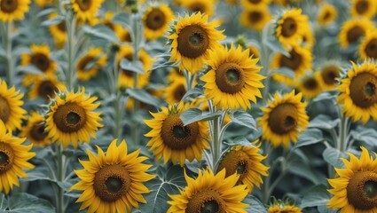 Field of vibrant sunflowers with green leaves under natural light creating a colorful floral landscape in a farming environment