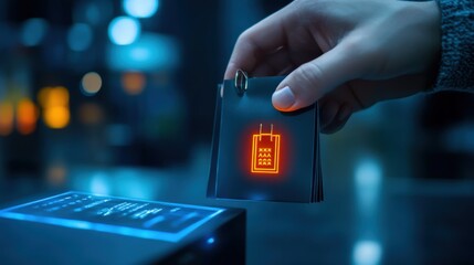 Handing over a high-tech device futuristic lab digital technology demonstration modern environment close-up view innovation reveal