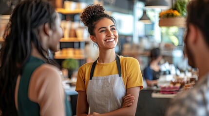 A cheerful representative greeting customers in a store, showcasing the importance of friendliness in face-to-face interactions
