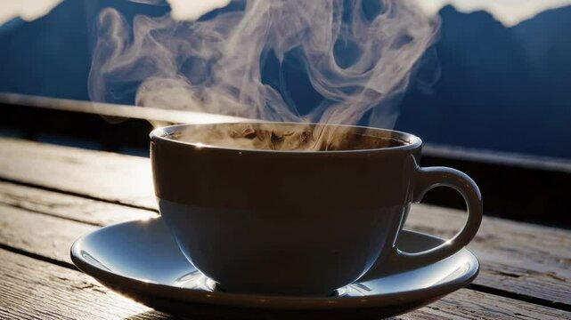 Steaming cup of coffee on wooden table in morning sunlight, cozy relaxation concept