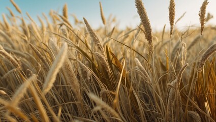 Fototapeta premium golden wheat field with tall grass swaying under clear blue sky in late afternoon sunlight