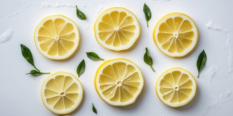 Fresh lemon slices arranged with green leaves on a white background for culinary and beverage use. High-quality food photography.