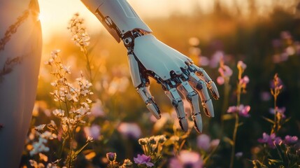 The android's arm extends towards the flower