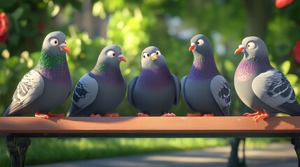 A group of pigeons gossiping on a park bench, with exaggerated beak movements and cartoonish expressions.