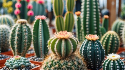 Various types of cacti arranged in pots with colorful flowers in a greenhouse setting. Green and spiky succulent plants.