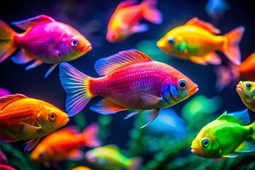 Fototapeta premium Vibrant Neon Fish in Low-Light Freshwater Aquarium - Stock Photo