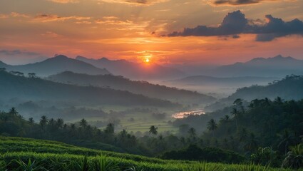 Sunset over mountainous landscape with lush greenery and misty valleys in the foreground. Orange and purple hues fill the sky.