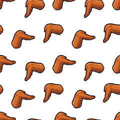 Seamless Hand Drawn Fried Chicken Wings Design Pattern White Background