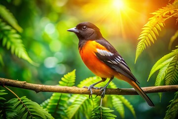 Fototapeta premium Vibrant Orange & Black Bird on Branch, Lush Green Forest Aerial View - Nature Wildlife Stock Photo