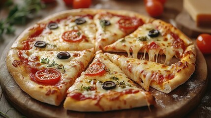 Delicious cheese pizza with olives, tomatoes, and herbs on rustic wooden board