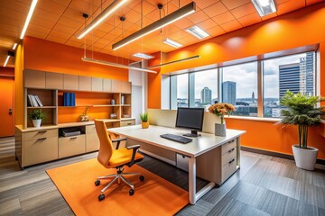 Vibrant Orange Office Workspace: Desk, Computer, Modern Design, Productivity