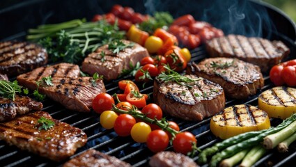 Obraz premium Grilled meats and vegetables on barbecue grill featuring steaks, cherry tomatoes, asparagus, and herbs with smoke ambiance