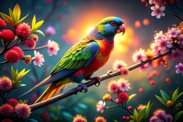 Vibrant Parrot Perched on Blooming Branch - Surreal Generative AI Art