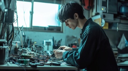 Damaged cables under repair by a technician in a clean, minimalist office. Featuring electrical troubleshooting and restoration